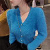 Y2k Vintage Streetwear Korean Knitwear Solid Slim Jumpers Cropped Mohair Knitted Cardigan Women V Neck Sweater Coat