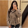Women's Plaid Belt Short Jacket Loose Lapel Long Sleeve Lace Up Double Breasted Coats Autumn Lady Chic Jackets