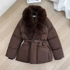 Winter Women Short Puffer Jacket Faux Fur Lapel Collar Waist Belt Design Solid Color Warm Elegant Daily Ladies Outerwear