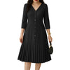Women's Pleated Midi Dress Elegant V-Neck 3/4 Sleeve Button Up A-Line Dresses Office Commuting Wear Woman Clothing S-3XL