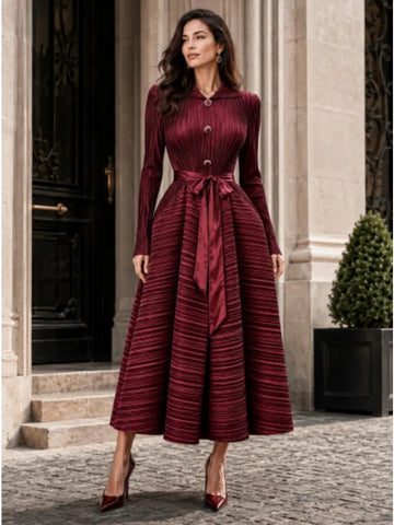 Lapel Pleated Long Dress Long Sleeve Satin Bow Waist Pendulum Banquet Jacket Women's Clothing