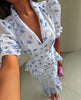 Women White Floral Print Puff Sleeve Blazer Collar Peplum Mermaid Midi Dress Elegant Casual Gown Bridesmaid Wedding Sundress