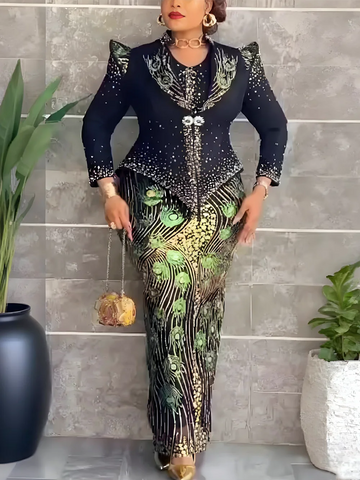 2 Pcs Sets African Clothes for Women Dashiki Sequin Evening Gown Plus Size Turkey Wedding Party Long Dresses with Coat