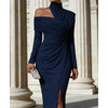 Women's Elegant Off Shoulder High Neck Midi Dress Long Sleeve Ruched Bodycon Package Hip Dress With Slit Formal Party Dress