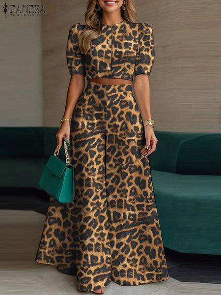 Leopard Print 2 Pieces Sets Woman Street Puff Sleeve Short Tops Wide Leg Pants 2pcs Suits Outfits OL Pant Sets