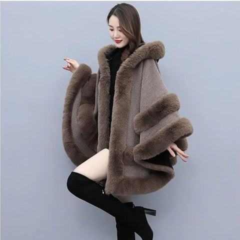 Autumn Winter Loose Casual Chic Bat Sleeve Coat Woolen Hooded Shawl Big Fur Collar Warm Cape Coat Women Outwear