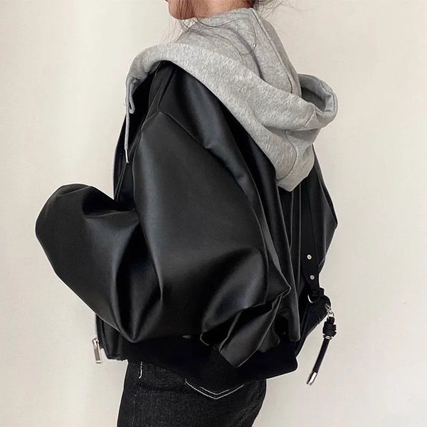 Autumn Winter Cool Black Hooded Leather Jacket Women Streetwear Y2K Fake Two Pieces Short Coat Korean PU Leather Outwear