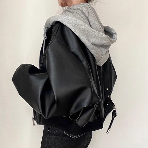 Autumn Winter Cool Black Hooded Leather Jacket Women Streetwear Y2K Fake Two Pieces Short Coat Korean PU Leather Outwear