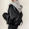 Autumn Winter Cool Black Hooded Leather Jacket Women Streetwear Y2K Fake Two Pieces Short Coat Korean PU Leather Outwear
