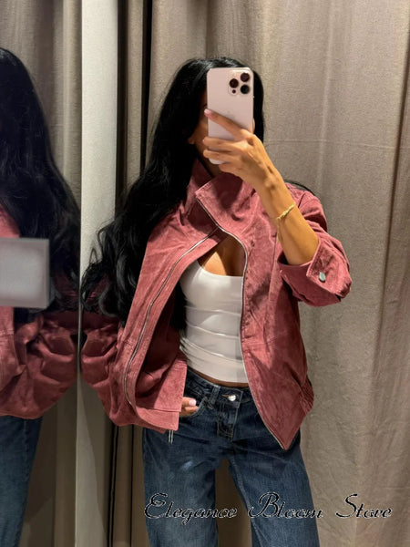 Women Stand Collar Leather Pilot Jacket Red Zipper Cropped Coat Casual Outerwear Streetwear