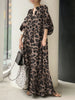 Leopard Printed Women's Maxi Dress Vacation Spring Puff Sleeve Long Vestidos Casual V Neck Robe Oversize