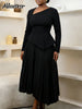 Patchwork Pleated A-Line Mid Dress for Women Long Sleeve Diagonal Collar Office Dresses Female Vacation African Robe