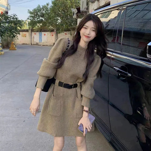 Autumn Winter Striped Knitted Dress Women Korean Double Pockets Short Dresses Ladies Casual Loose Long Sleeve Knit Dress