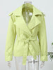 Solid Lace Up Short Windbreaker Women Elegant Full Sleeve Button Loose Chic Trench Coat Office Lady Daily Commute Outwear