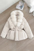 Winter Women Short Puffer Jacket Faux Fur Lapel Collar Waist Belt Design Solid Color Warm Elegant Daily Ladies Outerwear