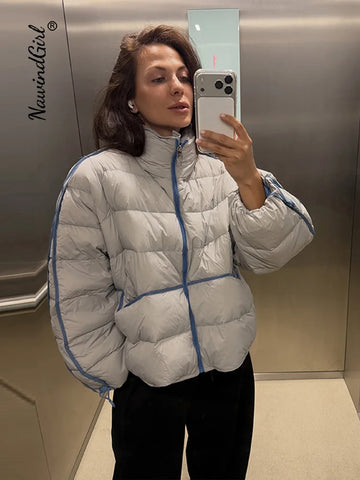 Casual Contrasted Color Women's Cotton Coats Zippers Stand Collar Loose Lady Thicken Jackets Autumn Winter Female Tops
