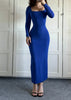 Women Square Neck Long Sleeve Bodycon Midi Dress Solid Color Slim Fit High Stretch Pencil Dress Elegant Club Party Evening Long