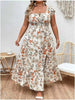 Women Plus Size Floral Maxi Dress Elastic High Waist Loose Square Neck Puff Sleeve Split Dress Casual All-Season Streetwear