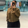 Women's Cropped Bomber Jacket Stand Collar Zipper Patch Pocket Rib Trim Long Sleeve Short Coat Vintage Autumn Casual Outfit