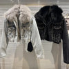 Real Fur Denim Jacket Women Autumn Fried Street Style Natural Fox Fur Collar + Rabbit Fur Liner Warm Rivet Short Jean Coat