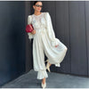 Women Pant Set Satin Lace Round Neck Puff Long Sleeve Button Front Drawstring Waist Blouse Cuffed Ruffle Hem Pants Elegant Suit