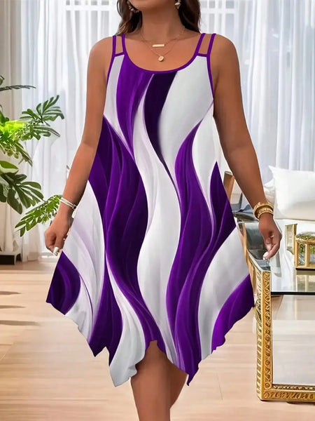Plus-size women's asymmetrical geometric stripes printed double strap dress