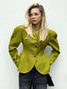 Women Elegant Peplum Blazer Olive Green Slim Fit Flared Hem Jacket Vintage Puff Sleeve Office Lady Coat