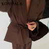 Spring Office Lady Elegant Brown Women Suit Casual Sashes Oversized Shrug Blazer Chic Zipper Long Pant