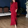 Long Sleeve Women's Autumn Dress Elegant O Neck Layered Ruffle Evening Dress Casual Solid Chiffon Irregular Maxi Dresses