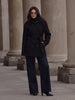 Women Black Belted Double Breasted Coat High Neck Long Sleeve Tailored Fit Elegant Jacket Winter Office Casual Outerwears