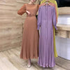 Pleated Dress Women Long Dresses A Line Round Neck Long Sleeve Party Maxi High Waist Belt Slim Sexy Elegant Splice Vestidos