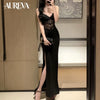 Women Black Lace Slip Dress Sexy Elegant Lady Style Evening Party Dress Slit Long Gown Mature Date Night Ladies Dresses