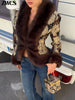 Printed Faux Fur Splicing Jacket Autumn Winter V-neck Slim Waist Cinched Full Sleeve Cropped Coat Women's Outwear