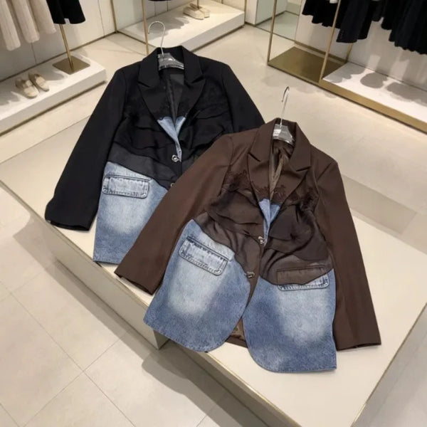 Autumn European and American Oversize Denim Patchwork Asymmetrical Long-sleeved Women's Jackets