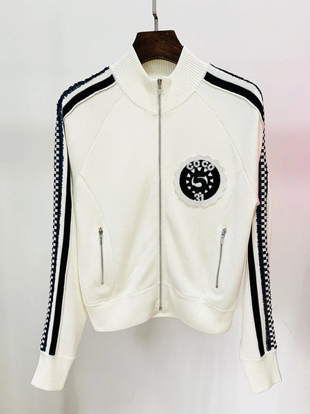 High Street Spring Designer Jacket Women's Stand Collar Sequin Embroidered Baseball Jacket