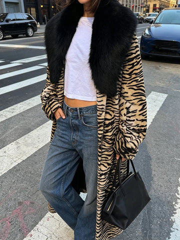 Winter Women Oversized Tiger Print Long Faux Fur Coat Big Black Fur Collar Open Front Street Style Thick Warm Jacket