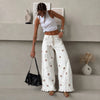 European and American Style Retro Flower Printing Wide-leg Jeans Women's Trousers Ruffle Edge Design Ripped Low-rise
