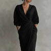 Bohemian Casual Solid Split Long Dresses Woman Elegant V Neck Pocket Maxi Dress Spring Long Sleeve High Waist Draped Party Dress