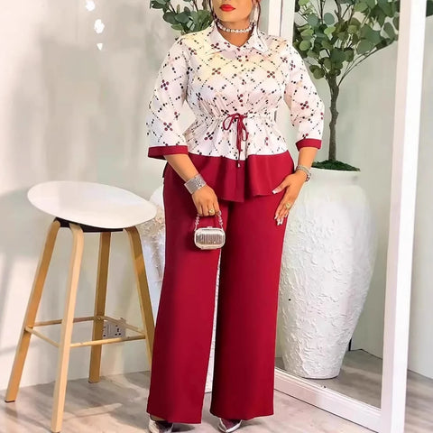 Elegant Women Two Piece Set Turn Down Collar 3/4 Sleeves Printed Tops Wide Leg Pants Causal Work Business Church Office Wear