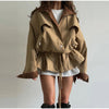 Drawstring Waist Windbreaker Jacket Women Contrast Collar Flap Pockets Long Sleeve Zip Up Coat Autumn Casual Loose Jackets