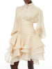 Elegant Pink High Neck Organza Fabric Mini Dresses for Women Puff Sleevs Ruched Waist Tiered Ruffles for Cocktail Parties