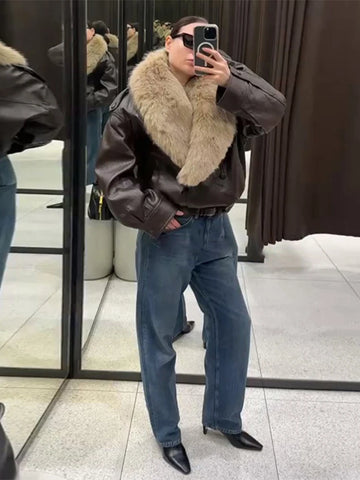 PU Leather Short Jacket Women Fur Collar Contrast Double-breasted Warm Coat Female Autumn Winter Outwears