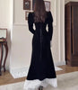 Women Dress Spring Autumn Square Collar Long Sleeve Velvet Patchwork Lace Cinched Waist Elegant Temperament Long Dress