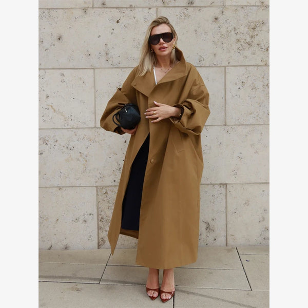 Lady Oversized Long Trench Women Coat Stand Collar Single Breasted Loose Wide Sleeve Casual Coats Autumn Winter Chic Jackets