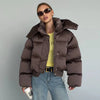 Solid Hooded Cropped Puffer Jacket Women Stand Collar Snap Button Loose Long Sleeve Jackets Winter Casual Warm Padded Coat