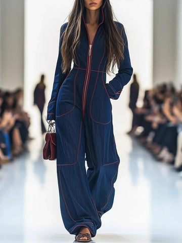 Women Retro Patchwork Elegant Playsuits Autumn Simple Chic Wide Leg Pants Jumpsuits Holiday Long Sleeve Ladies Bodysuits