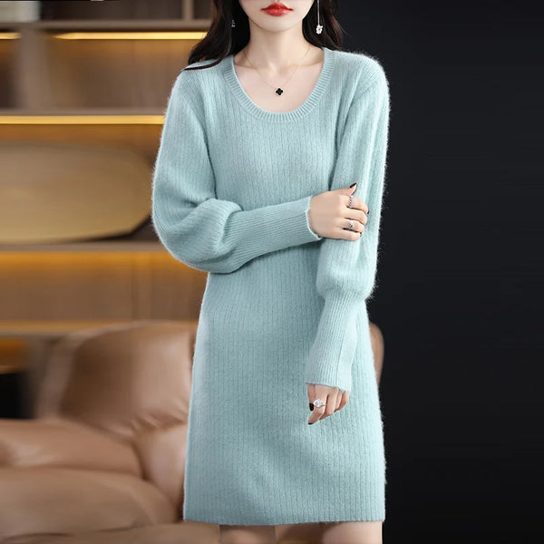 Autumn Winter 100% Mink Cashmere Knit Long Skirt Women Scoop Neck Knee-length Dress Casual Warm Jumper Cashmere Base Shirt Top