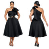 Women Big Bow Shoulder Skew Collar Big Swing Knee Length Dress Belt Street Vestidos Sexy Party Evening Chic Dresse