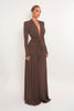 Women Glitter Maxi Evening Dress Deep V Neck Long Sleeve Ruched High Slit Formal Party Dress For Wedding Guest Prom