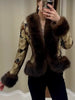 Women Vintage Floral Jacquard Short Jacket Faux‑fur Trim V‑neck Long Sleeve Coat Autumn Winter Lady Daily Outfits